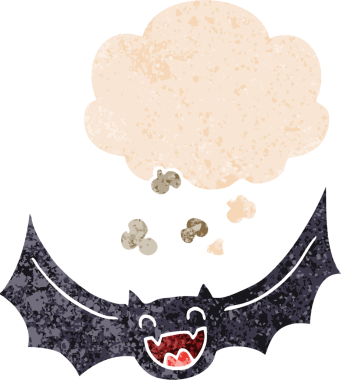 Düşünce baloncuklu karikatür yarasası grunge sıkıntılı retro desen bir insan tarafından çizilmiş