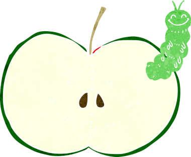 Bir insan tarafından çizilmiş elma yiyen çizgi film böceği.