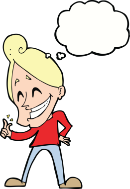 Bir insan tarafından çizilmiş düşünce kabarcığıyla parmaklarını şaklatan çizgi film adamı.