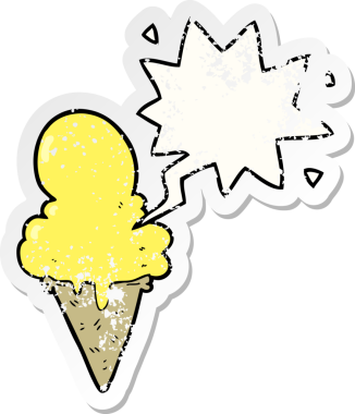 Konuşma balonlu çizgi film dondurması bir insan tarafından çizilmiş sıkıntılı eski bir çıkartma