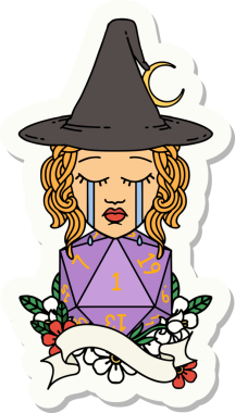 Bir insan cadısının çıkartması. Bir insan tarafından çizilmiş doğal bir D20 rulo.