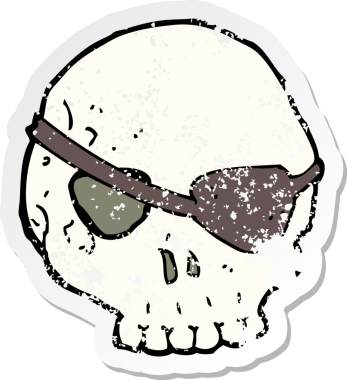 Bir insan tarafından çizilmiş bir karikatür kafatası etiketi.