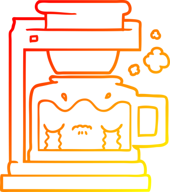 Bir insan tarafından çizilmiş, çizgi film ağlayan filtre kahve makinesinin sıcak çizgi çizimi.