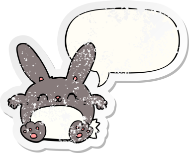 Konuşma baloncuğu olan çizgi film tavşanı bir insan tarafından çizilmiş sıkıntılı eski bir çıkartma