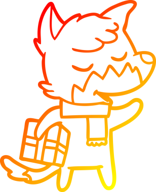 Bir insan tarafından çizilmiş Noel hediyesi olan dost canlısı bir tilkinin sıcak çizgi çizimi