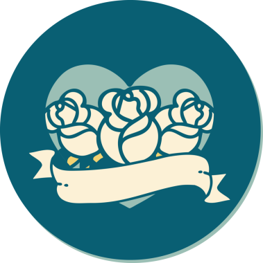 Geleneksel kalp stili dövme çıkartması ve bir insan tarafından çizilmiş çiçekli pankart.