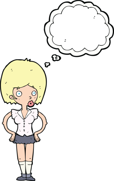 Bir insan tarafından çizilmiş düşünce baloncuğu olan elleri kalçasında çizgi film kadını.