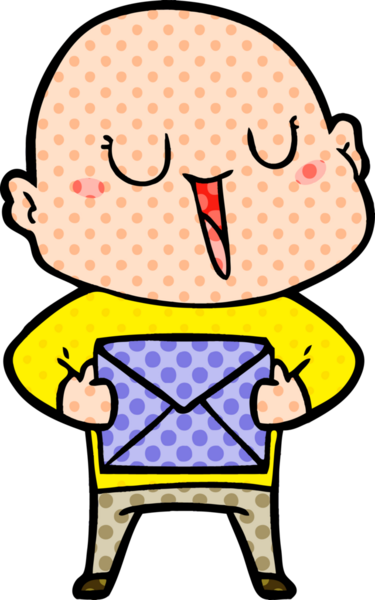 Bir insan tarafından çizilmiş mutlu, kel bir adam.