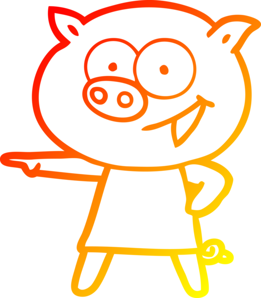 Bir insan tarafından çizilmiş, güler yüzlü, giysili bir domuzun sıcak çizgi çizimi.