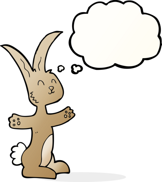 Bir insan tarafından çizilmiş düşünce kabarcığı olan çizgi film tavşanı.