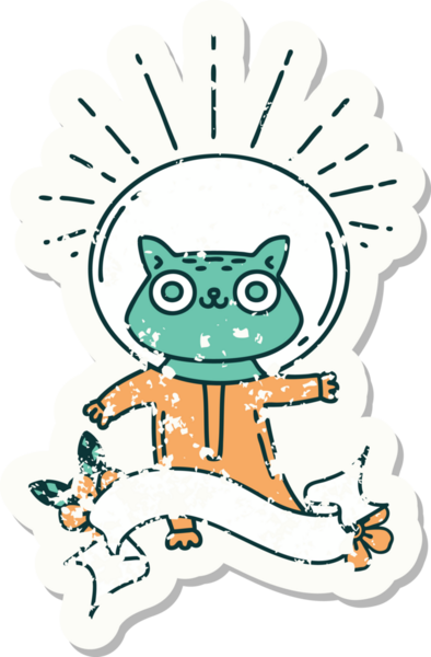 Bir insan tarafından çizilmiş astronot kostümlü dövme stili bir kedinin eski çıkartması.