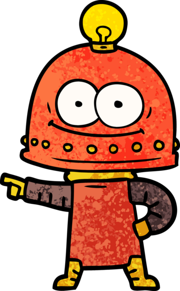 Bir insan tarafından çizilmiş ampullü mutlu karton robot.