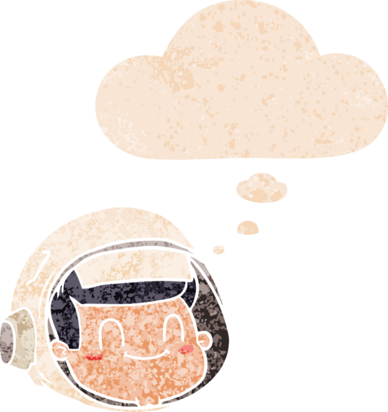 grunge 'da düşünce baloncuğu olan karikatür astronot yüzü bir insan tarafından çizilmiş tedirgin geçmiş dokuma tarzı