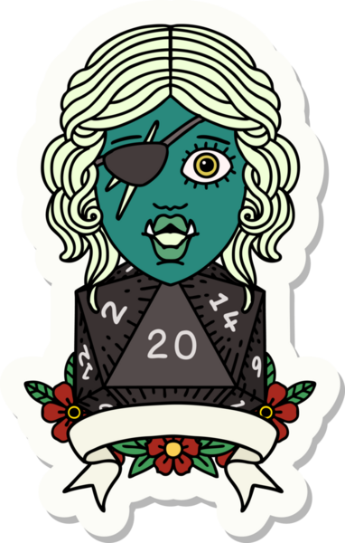 Bir insan tarafından çizilmiş 20 zarlı yarı ork haydut bir karakterin çıkartması.