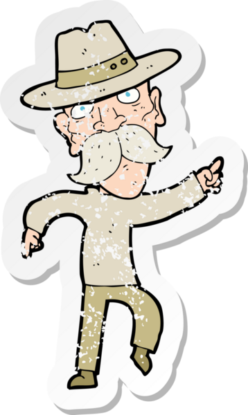 Bir insan tarafından çizilmiş şapkalı bir karikatürcünün sıkıntılı retro yapıştırması.