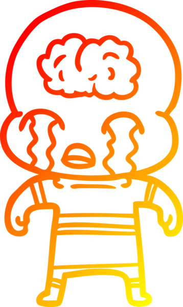 Bir çizgi filmin sıcak çizgi çizimi. Bir insan tarafından çizilmiş ağlayan büyük beyin uzaylısı.