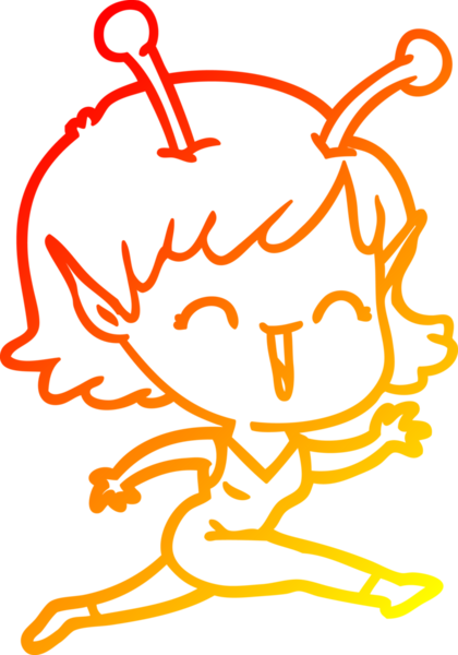 Bir insan tarafından çizilen gülen uzaylı bir kızın sıcak çizgi çizimi.