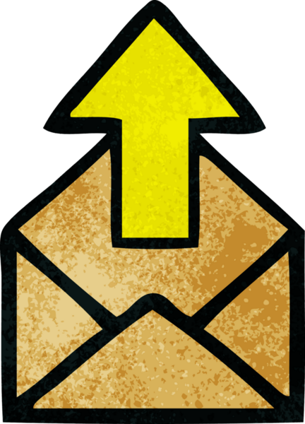 Bir insan tarafından çizilmiş oklu bir zarfın retro grunge desen karikatürü