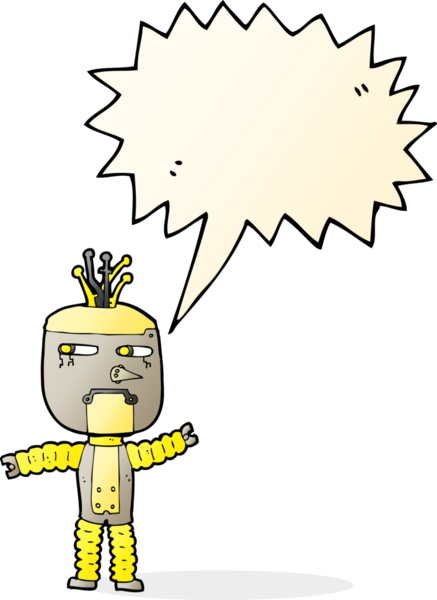 Bir insan tarafından çizilmiş konuşma balonlu çizgi film sallayan robot.