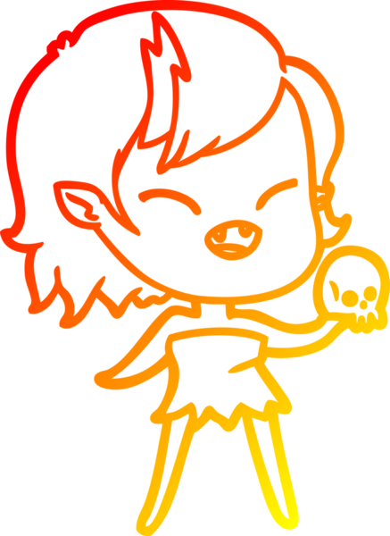warm gradient line drawing of a cartoon laughing vampire girl with skull drawn by a human