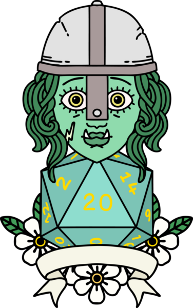 Retro Dövme Tarzı Yarı Ork Dövüşçüsü Bir insan tarafından çizilmiş doğal yirmi zar atışıyla