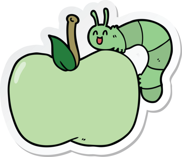 Bir insan tarafından çizilmiş elma ve böceğin çıkartması.