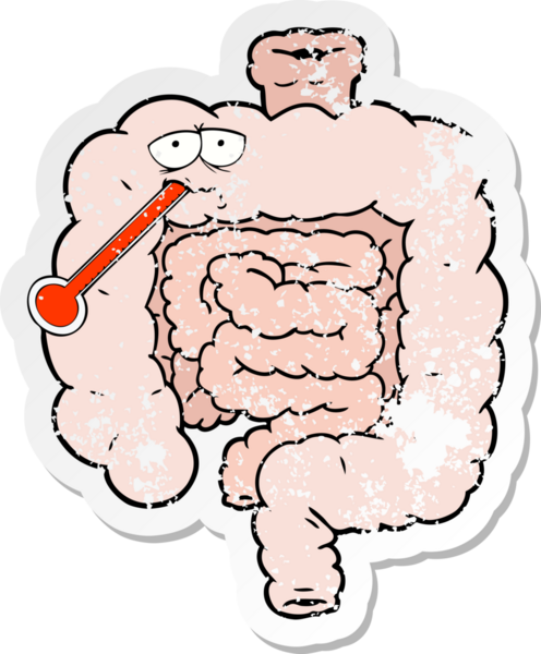 distressed sticker of a cartoon unhealthy intestines drawn by a human