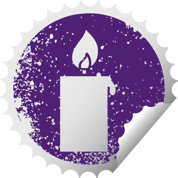 Bir insan tarafından çizilmiş yanan bir mumun dairesel kabuk soyma etiketi.