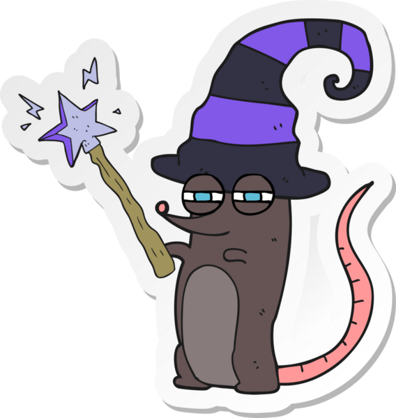 sticker of a cartoon magic witch mouse drawn by a human