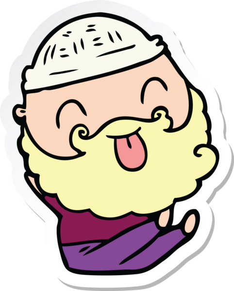 sticker of a sitting man with beard sticking out tongue drawn by a human