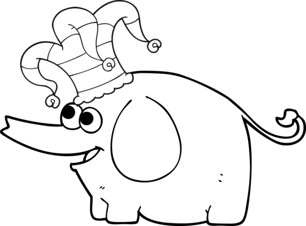 freehand drawn black and white cartoon elephant wearing circus hat drawn by a human