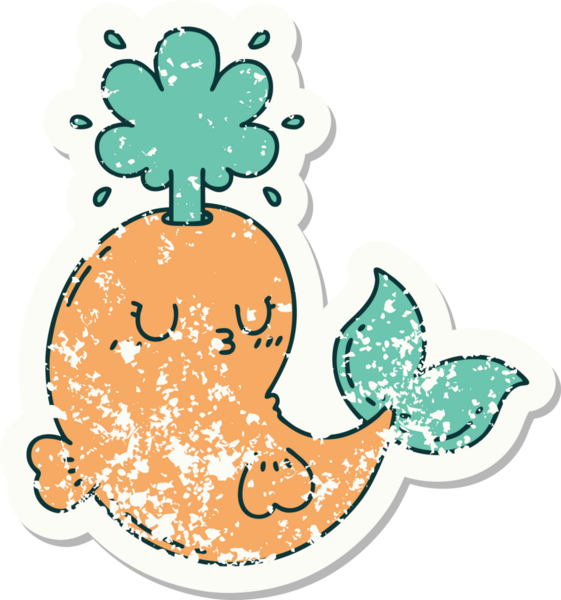 Dövme stili eski bir çıkartma. Bir insan tarafından çizilmiş mutlu, fışkırtan balina karakteri.