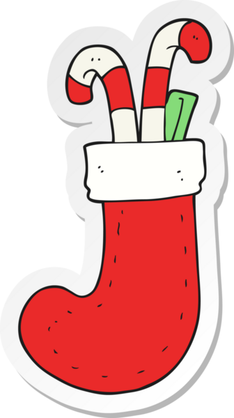 sticker of a cartoon christmas stocking drawn by a human