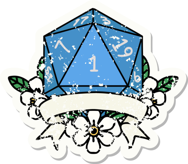 Bir insan tarafından çizilmiş doğal bir d20 zarının grunge çıkartması.