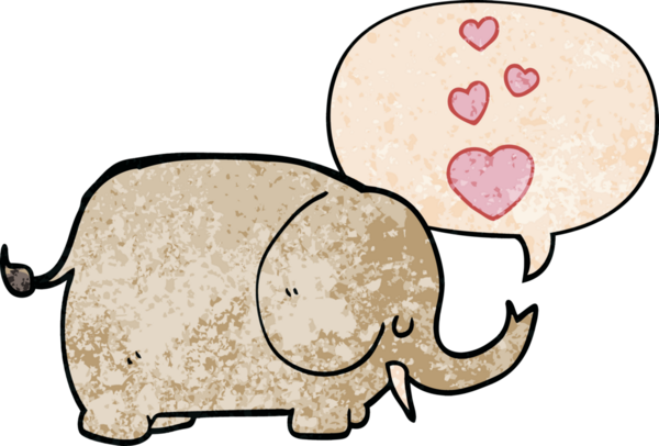 Sevgi dolu karikatür fili. Konuşma baloncuğu ile insan tarafından çizilmiş geçmiş doku.