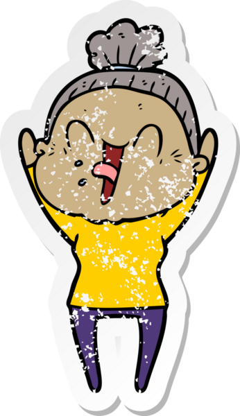 Bir insan tarafından çizilmiş mutlu, yaşlı bir kadının sıkıntılı çıkartması.