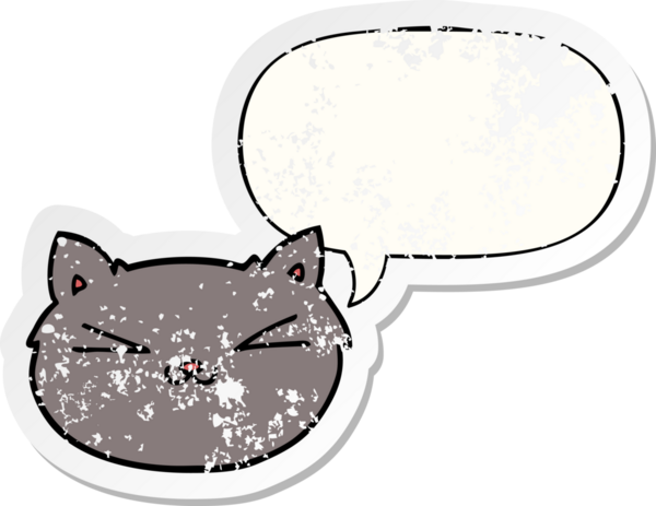 Konuşma balonlu mutlu çizgi film kedisi bir insan tarafından çizilmiş sıkıntılı eski bir çıkartma