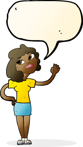 Bir insan tarafından çizilmiş bir konuşma balonuyla el sallayan çizgi film kadını.