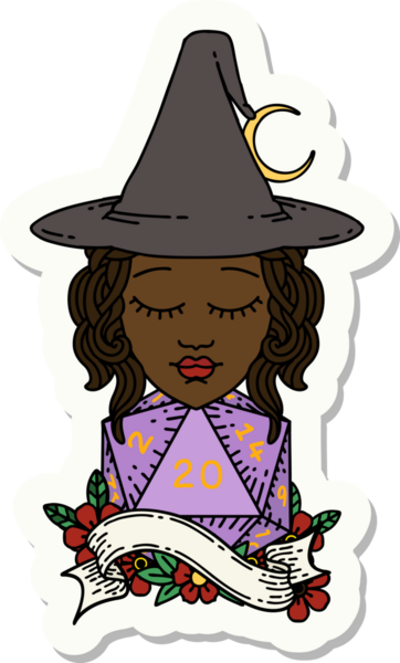 Bir insan büyücüsünün çıkartması. Bir insan tarafından çizilmiş 20 D20 zarlı.