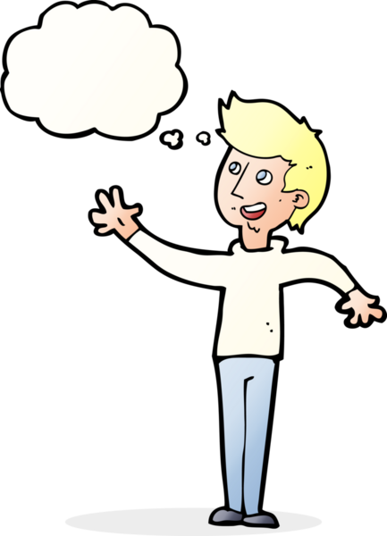 Bir insan tarafından çizilmiş düşünce baloncuğuyla el sallayan çizgi film adamı.