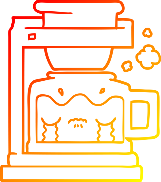 Bir insan tarafından çizilmiş, çizgi film ağlayan filtre kahve makinesinin sıcak çizgi çizimi.