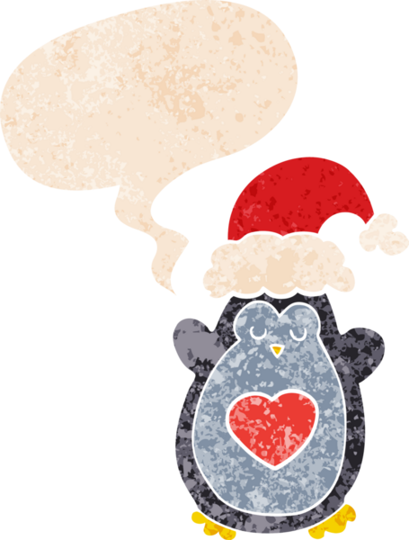 Hoş bir noel pengueni grunge 'da konuşma baloncuğu olan kederli eski moda bir insan tarafından çizilmiş.