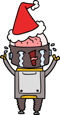 Bir insan tarafından çizilmiş Noel Baba şapkası takan ağlayan bir robot çizimi.