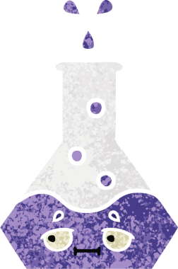 Bir insan tarafından çizilmiş bir deney şişesinin retro çizim tarzı karikatürü.