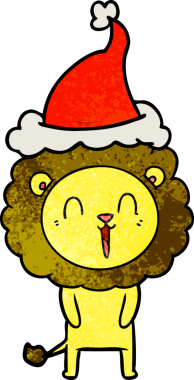 Gülen aslan eli bir insan tarafından çizilmiş Noel Baba şapkası çizilmiş.