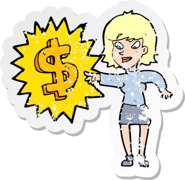 Bir insan tarafından çizilmiş para kazanma karikatürünün sıkıntılı retro yapıştırması