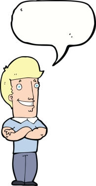 Bir insan tarafından çizilmiş konuşma balonuyla sırıtan kolları katlanmış çizgi film adamı.