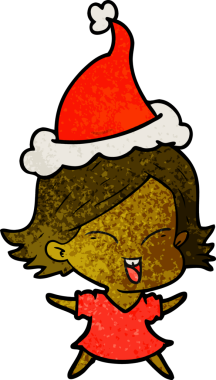 Bir insan tarafından çizilmiş Noel Baba şapkası giyen bir kızın çizilmiş mutlu el çizimi karikatürü.