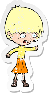 Bir insan tarafından çizilmiş, gerilmiş bir karikatür kadının gerilimli retro yapıştırması.