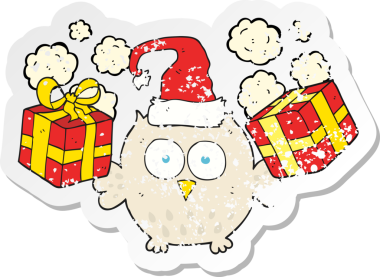 Bir insan tarafından çizilmiş bir karikatür noel baykuşunun gerilimli çıkartması.